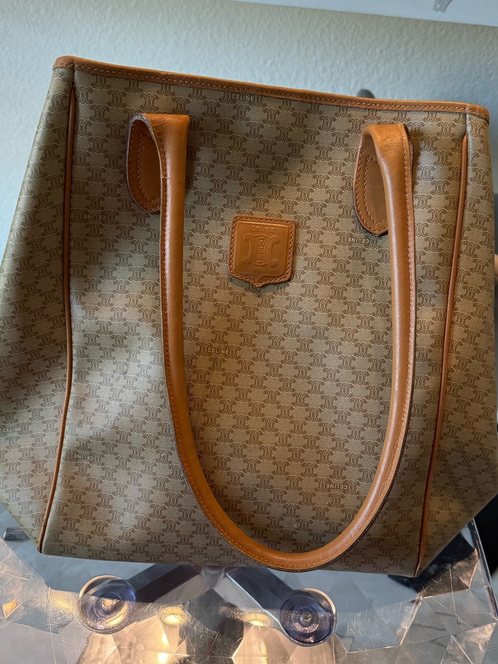 Celine Beige Monogram Tote with Tan Leather Crest